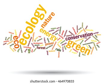 Concepto vectorial o ecología verde abstracta conceptual y conservación palabra en nube texto sobre fondo blanco, metáfora al medio ambiente, reciclar, tierra, alternativa, protección, energía, eco-amigable o bio