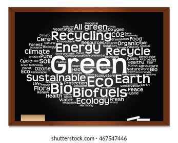 Vector concept or conceptual abstract green ecology, conservation word cloud text, blackboard background, metaphor to environment, recycle, earth, alternative, protection, energy, eco friendly or bio