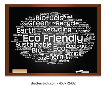 Vector concept or conceptual abstract green ecology, conservation word cloud text, blackboard background, metaphor to environment, recycle, earth, alternative, protection, energy, eco friendly or bio