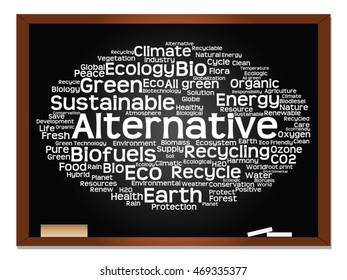 Vector concept or conceptual abstract green ecology, conservation word cloud text, blackboard background, metaphor to environment, recycle, earth, alternative, protection, energy, eco friendly or bio