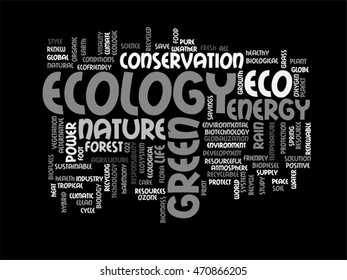 Vector concept or conceptual abstract green ecology and conservation word cloud text on black background, metaphor to environment, recycle, earth, alternative, protection, energy, eco friendly or bio