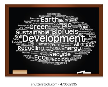 Concepto vectorial o ecología conceptual abstracta verde, conservación palabra texto en nube, fondo de pizarra, metáfora al medio ambiente, reciclar, tierra, alternativa, protección, energía, eco-amigable o bio