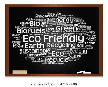 Concepto vectorial o ecología conceptual abstracta verde, conservación palabra texto en nube, fondo de pizarra, metáfora al medio ambiente, reciclar, tierra, alternativa, protección, energía, eco-amigable o bio