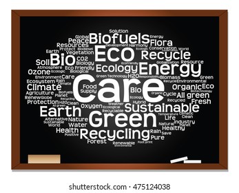 Vector concept or conceptual abstract green ecology, conservation word cloud text, blackboard background, metaphor to environment, recycle, earth, alternative, protection, energy, eco friendly or bio