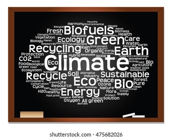 Concepto vectorial o ecología conceptual abstracta verde, conservación palabra texto en nube, fondo de pizarra, metáfora al medio ambiente, reciclar, tierra, alternativa, protección, energía, eco-amigable o bio