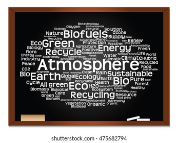 Concepto vectorial o ecología conceptual abstracta verde, conservación palabra texto en nube, fondo de pizarra, metáfora al medio ambiente, reciclar, tierra, alternativa, protección, energía, eco-amigable o bio