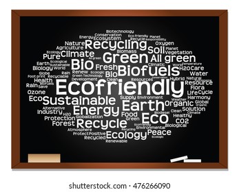 Vector concept or conceptual abstract green ecology, conservation word cloud text, blackboard background, metaphor to environment, recycle, earth, alternative, protection, energy, eco friendly or bio