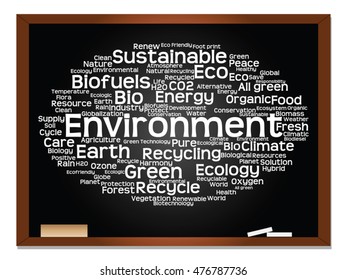 Vector concept or conceptual abstract green ecology, conservation word cloud text, blackboard background, metaphor to environment, recycle, earth, alternative, protection, energy, eco friendly or bio