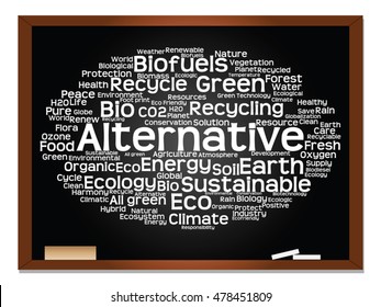 Vector concept or conceptual abstract green ecology, conservation word cloud text, blackboard background, metaphor to environment, recycle, earth, alternative, protection, energy, eco friendly or bio