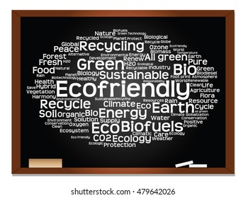 Vector concept or conceptual abstract green ecology, conservation word cloud text, blackboard background, metaphor to environment, recycle, earth, alternative, protection, energy, eco friendly or bio