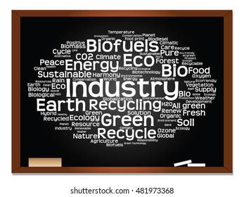 Concepto vectorial o ecología conceptual abstracta verde, conservación palabra texto en nube, fondo de pizarra, metáfora al medio ambiente, reciclar, tierra, alternativa, protección, energía, eco-amigable o bio