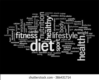 Concepto vectorial o dieta conceptual abstracta de salud o nube de palabras deportivas aisladas en segundo plano