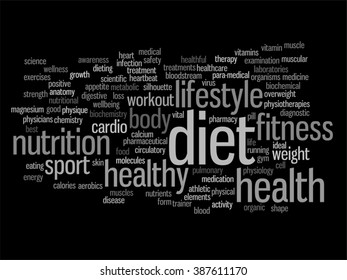 Vector concept or conceptual abstract health diet or sport word cloud or wordcloud isolated on background
