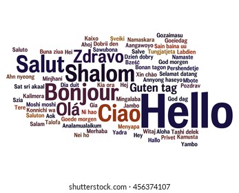 Conceito vetorial ou abstrato conceitual olá ou saudar nuvem de palavras internacionais em diferentes idiomas ou multilíngue, metáfora para o mundo, estrangeiro, mundial, viagens, tradução, férias ou turismo