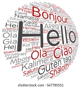 Vector concept or conceptual abstract hello or greeting international word cloud in different languages or multilingual metaphor to world, foreign, worldwide, travel, translate, vacation or tourism