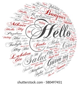 Concepto vectorial o hola conceptual abstracto o saludar a la nube internacional de palabras en diferentes idiomas o metáfora multilingüe al mundo, extranjero, mundial, viajar, traducir, vacaciones o turismo