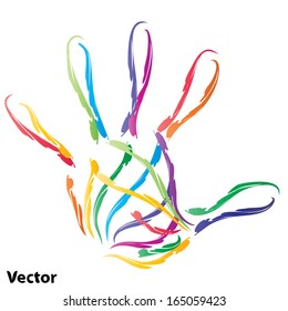 Vector concept or conceptual abstract human child or kid hand print made of ornament colorful lines isolated on white background