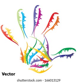 Vector concept or conceptual abstract human child or kid hand print made of ornament colorful lines isolated on white background,metaphor to education,finger,palm,design,childhood,play,icon or symbol