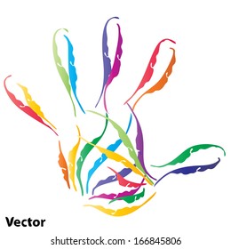 Vector concept or conceptual abstract human child or kid hand print made of ornament colorful lines isolated on white background,metaphor to education,finger,palm,design,childhood,play,icon or symbol