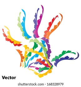 Vector concept or conceptual abstract human child or kid hand print made of ornament colorful lines isolated on white background,metaphor to education,finger,palm,design,childhood,play,icon or symbol