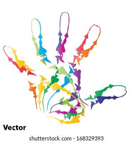 Vector concept or conceptual abstract human child or kid hand print made of ornament colorful lines isolated on white background,metaphor to education,finger,palm,design,childhood,play,icon or symbol