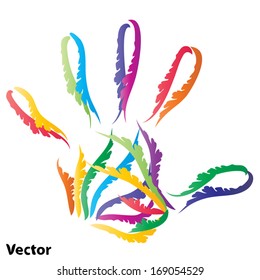 Vector concept or conceptual abstract human child or kid hand print made of ornament colorful lines isolated on white background, metaphor to education, finger, palm, childhood, play, icon or symbol