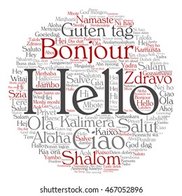Vector concept or conceptual abstract round hello or greeting international word cloud in different languages or multilingual metaphor to world, foreign, worldwide, travel, translate, vacation tourism