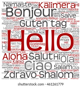 Vector concept conceptual abstract square hello or greeting international word cloud in different languages or multilingual metaphor to world, foreign, worldwide, travel, translate, vacation tourism