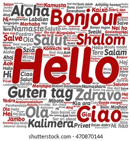 Concepto vectorial abstracto conceptual hola cuadrado o saludo internacional palabra nube en diferentes idiomas o metáfora multilingüe al mundo, extranjero, mundial, viajar, traducir, turismo de vacaciones