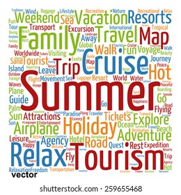Conceito vetorial ou conceito abstrato conceitual de viagem de verão ou turismo palavra nuvem ou wordcloud isolado no fundo branco