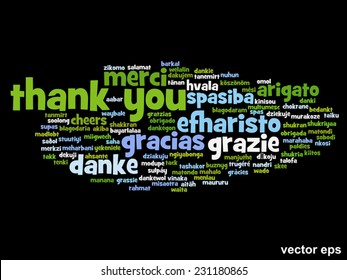 Vector concept or conceptual abstract thank you word cloud in different languages or multilingual for education or thanksgiving day, metaphor to appreciation, multicultural, friendship, tourism travel