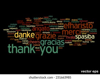 Vector concept or conceptual abstract thank you word cloud in different languages or multilingual for education or thanksgiving day, metaphor to appreciation, multicultural, friendship, tourism travel