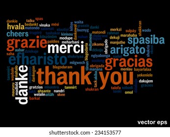 Vektorkonzept oder konzeptuell abstrakte Danksagung Wort Cloud in verschiedenen Sprachen oder mehrsprachig für Bildung oder Thanksgiving-Tag, Metapher für Wertschätzung, multikulturelle, Freundschaft, Tourismus Reise