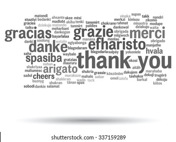 Vector concept or conceptual abstract thank you word cloud in different languages or multilingual for education or Thanksgiving Day  metaphor to appreciation, multicultural, friendship, tourism travel