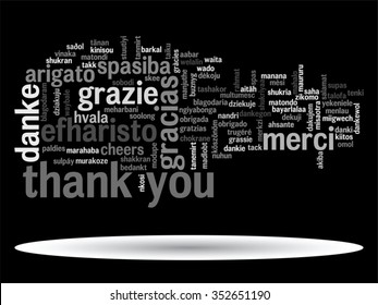Concepto vectorial o abstracto conceptual gracias nube de palabras en diferentes idiomas o multilingüe para la educación o metáfora del Día de Acción de Gracias a la apreciación, multicultural, la amistad, el turismo viajar