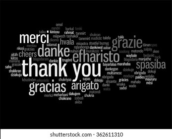 Vector concept or conceptual abstract thank you word cloud in different languages or multilingual for education or Thanksgiving Day metaphor to appreciation, multicultural, friendship, tourism travel