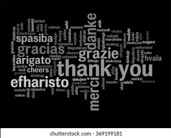 Vector concept or conceptual abstract thank you word cloud in different languages or multilingual for education or Thanksgiving Day  metaphor to appreciation, multicultural, friendship, tourism travel