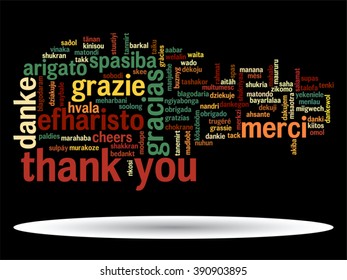 Concepto vectorial o abstracto conceptual gracias nube de palabras en diferentes idiomas o multilingüe para la educación o día de acción de gracias, metáfora a la apreciación, multicultural, amistad, viaje turístico