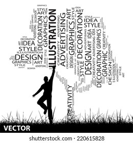 Vector concept or conceptual abstract tree and grass shape, a man jumping isolated on white background for design, graphic, nature, child, young, idea, style, creative, fashion, artist , art or decor