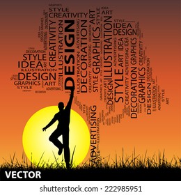 Vector concept or conceptual abstract tree and grass shape, a man jumping on sunset with sun background for design, graphic, nature, child, young, idea, style, creative, fashion, artist , art or décor