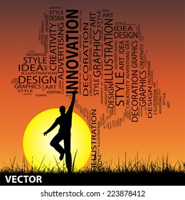 Vector concept or conceptual abstract tree and grass shape, a man jumping on sunset with sun background for design, graphic, nature, child, young, idea, style, creative, fashion, artist , art or décor