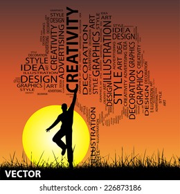 Concepto vectorial o forma conceptual abstracta de árbol y hierba, un hombre saltando al atardecer con fondo solar para el diseño, gráfico, naturaleza, niño, joven, idea, estilo, creativo, moda, artista, arte o decoración