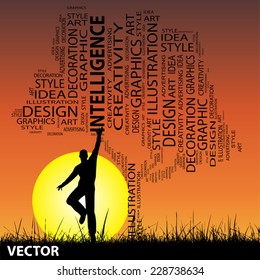 Vector concept or conceptual abstract tree and grass shape, a man jumping on sunset with sun background for design, graphic, nature, child, young, idea, style, creative, fashion, artist , art or décor