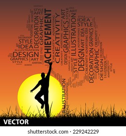 Vector concept or conceptual abstract tree and grass shape, a man jumping on sunset with sun background for design, graphic, nature, child, young, idea, style, creative, fashion, artist , art or décor