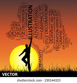 Vector concept or conceptual abstract tree and grass shape, a man jumping on sunset with sun background for design, graphic, nature, child, young, idea, style, creative, fashion, artist , art or décor