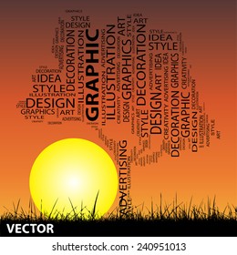 Vector concept or conceptual abstract tree and grass shape on sunset sky word cloud background for design, graphic, child, young, idea, style, creative, fashion, artist , art, decor abstract project
