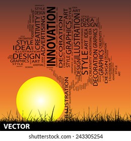 Vector concept or conceptual abstract tree and grass shape on sunset sky word cloud background for design, graphic, child, young, idea, style, creative, fashion, artist , art, decor abstract project