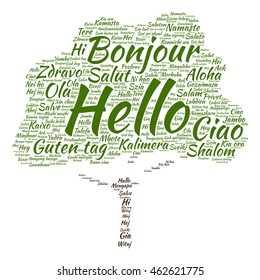 Vector concept conceptual abstract tree hello or greeting international word cloud in different languages or multilingual metaphor to world, foreign, worldwide, travel, translate, vacation or tourism