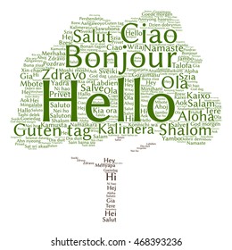 Vector concept or conceptual abstract tree hello or greeting international word cloud in different languages or multilingual metaphor to world, foreign, worldwide, travel, translate, vacation tourism