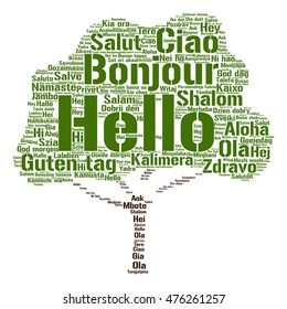 Vector concept conceptual abstract tree hello or greeting international word cloud in different languages or multilingual metaphor to world, foreign, worldwide, travel, translate, vacation or tourism